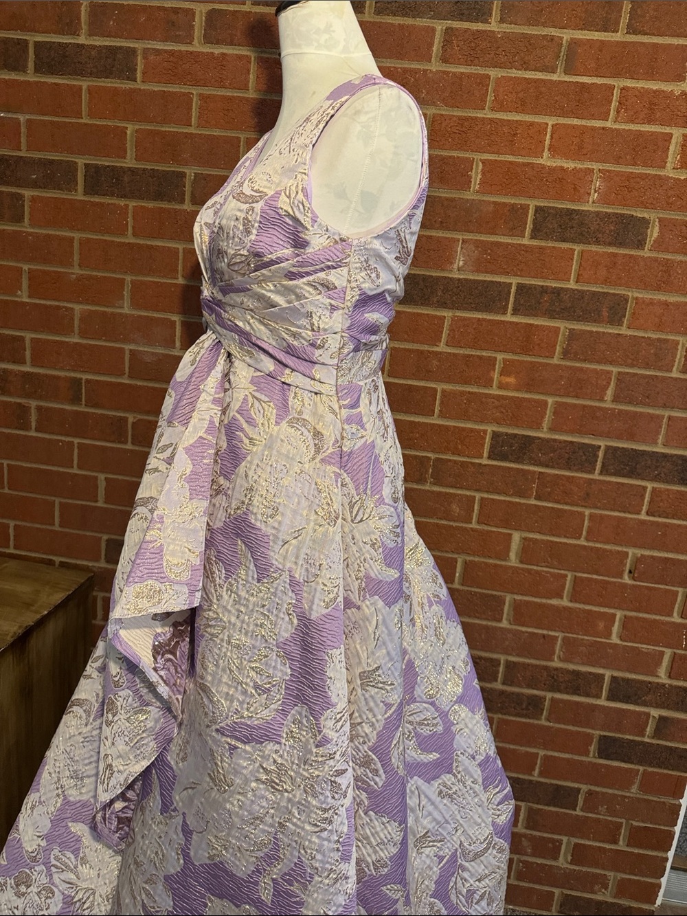 Shirees Lavender, White & Gold Metallic Floral Jacquard Twist-Front A-line Gown - Picture 3 of 10